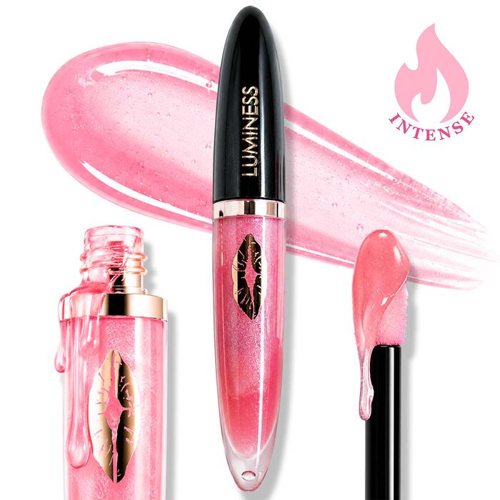 Luminess Cosmetics Hot Kiss Lip Plumper gloss with a high-shine pink finish for fuller, hydrated-looking lips